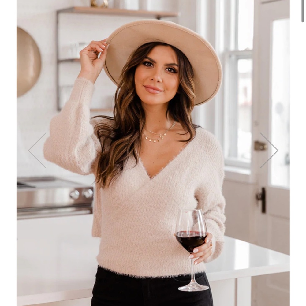Beige fuzzy wrapped crop sweater small
